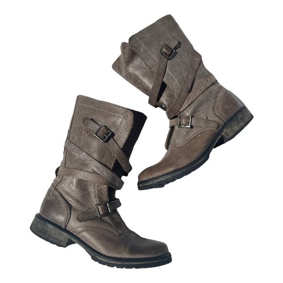 Steve Madden Shoes - Steve Madden Women's Banddit Stone Gray Leather Buckle Strap Biker Boots Size 8